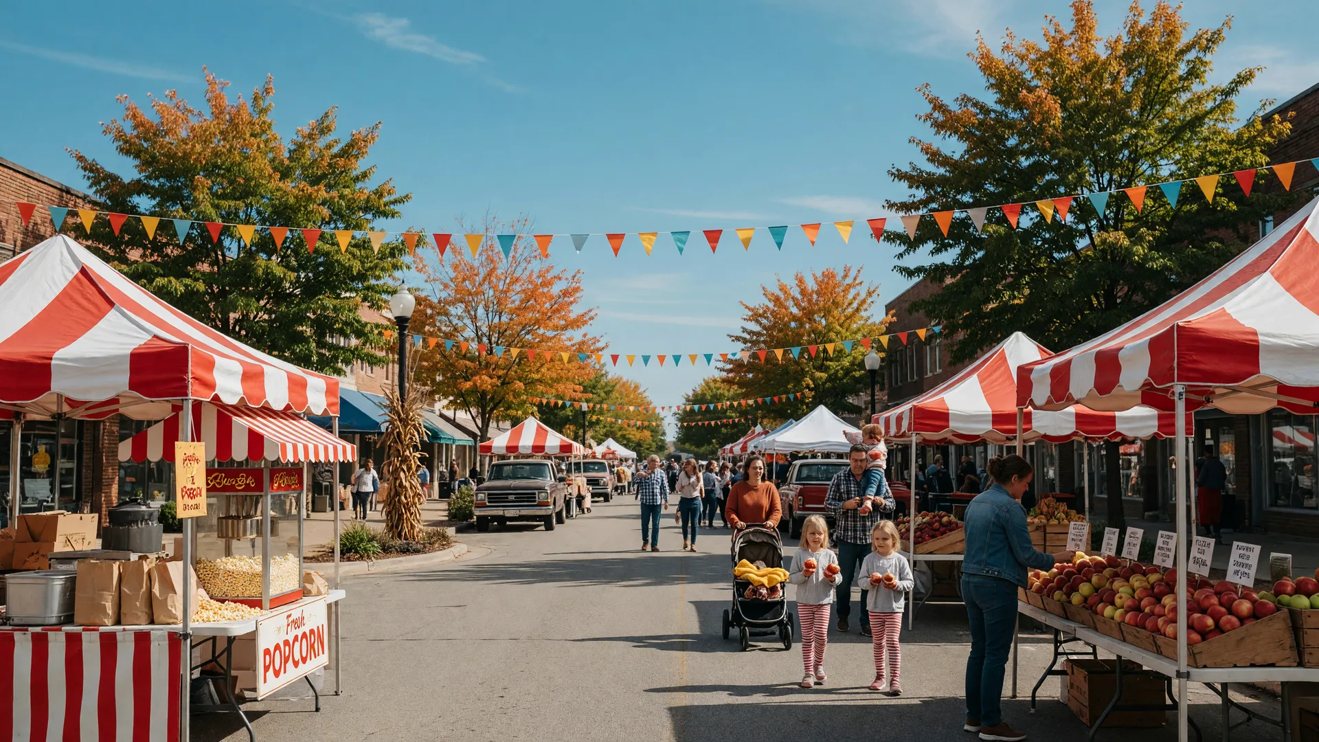 Small-town fall festival in Northwest Indiana with red and white vendor tents, a popcorn stand, and wooden crates of apples under pennant flags strung across a downtown street