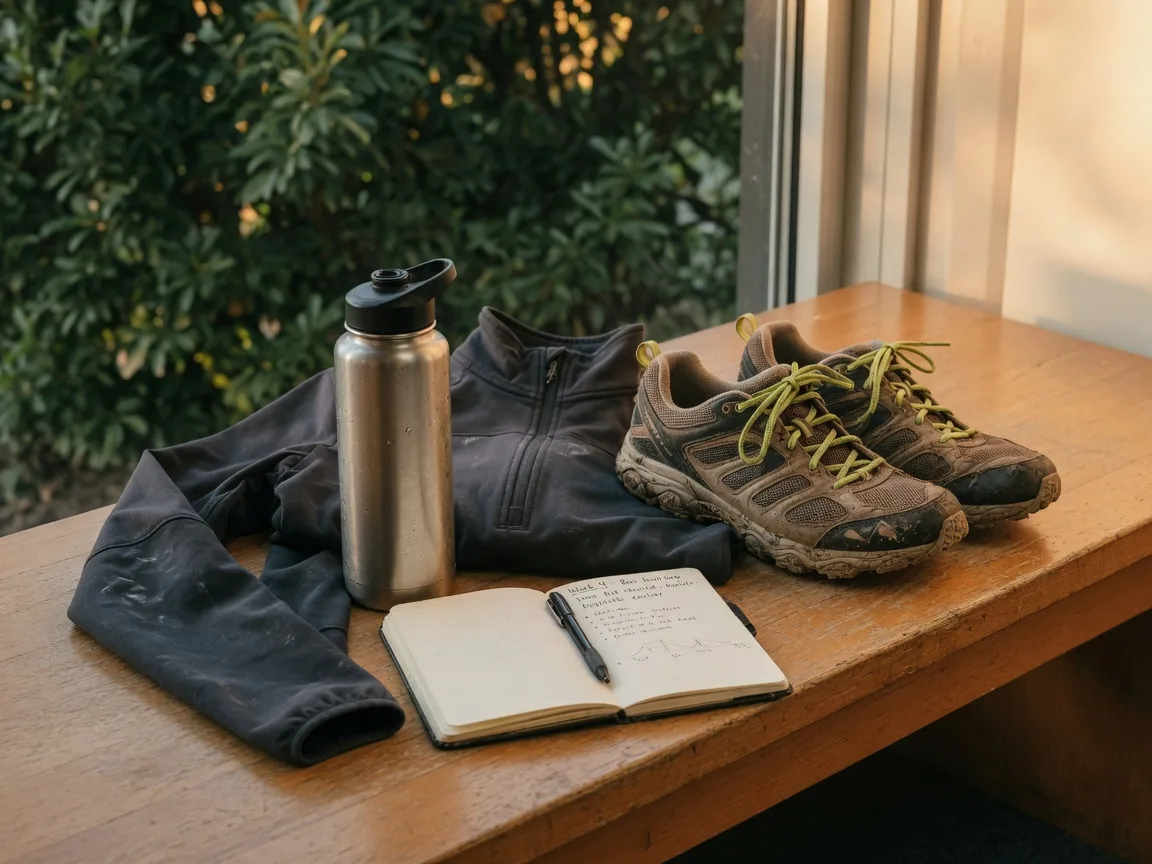 Trail running shoes and gear beside a sunlit window
