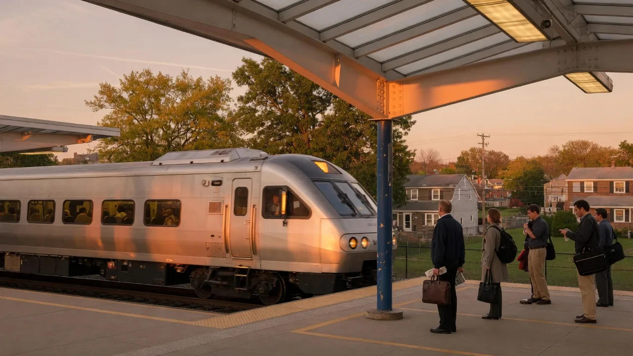 PATCO Speedline commuter train arriving at a suburban South Jersey station during golden hour