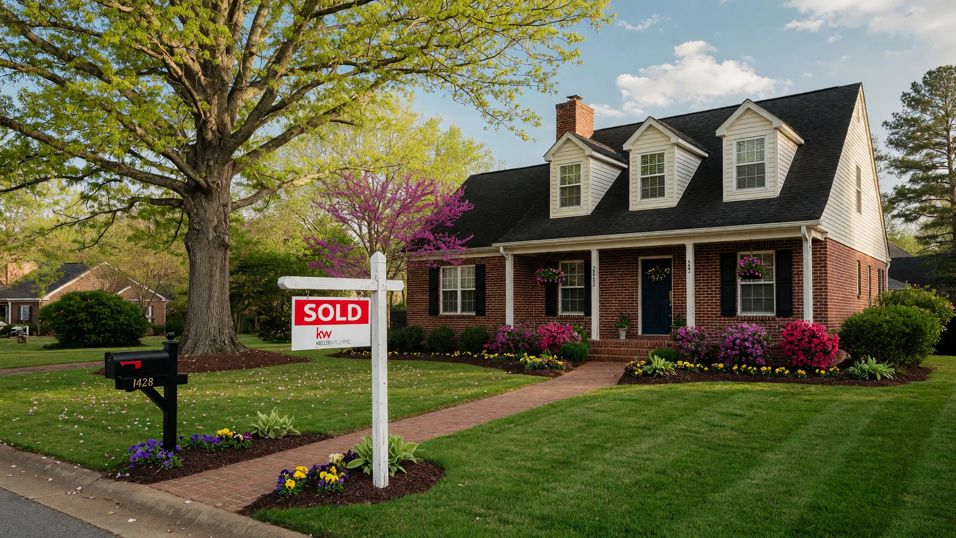 Team Haigh Realty helping homeowners sell in Canton GA - charming brick home with Sold sign and mature trees