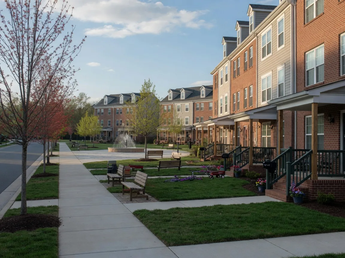 A tree-lined street of brick townhomes with front porches in the King Farm neighborhood of Rockville
