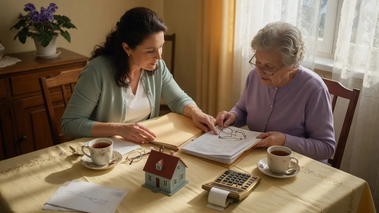 A sunlit dining table where a daughter and her mother review a folder of financial documents together, with a small model house, reading glasses, and mugs of tea, the setting for a family conversation about the home, the loan, and care