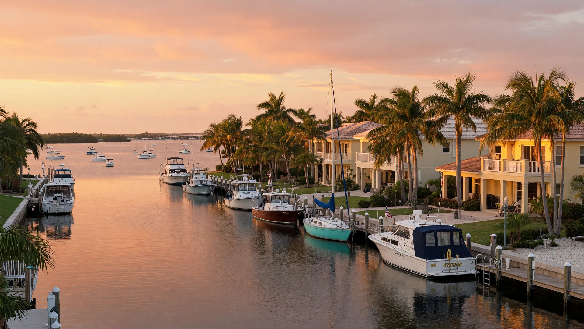 Canal-front homes and boats in Punta Gorda, Florida at golden hour