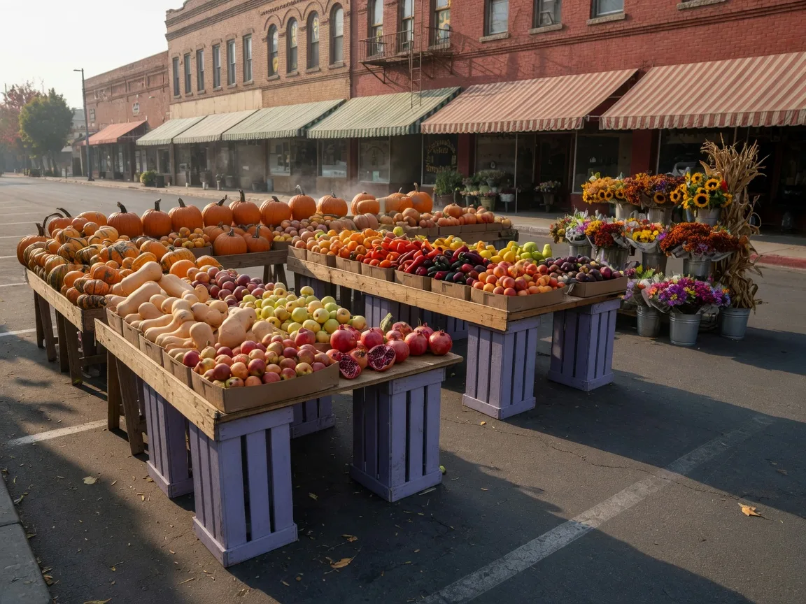 A Central Valley farmers market on a crisp late-October Saturday morning, wooden stands piled with pumpkins, winter squash, apples, pomegranates, peppers, and cut flowers, historic brick storefronts with awnings behind the closed-off downtown street