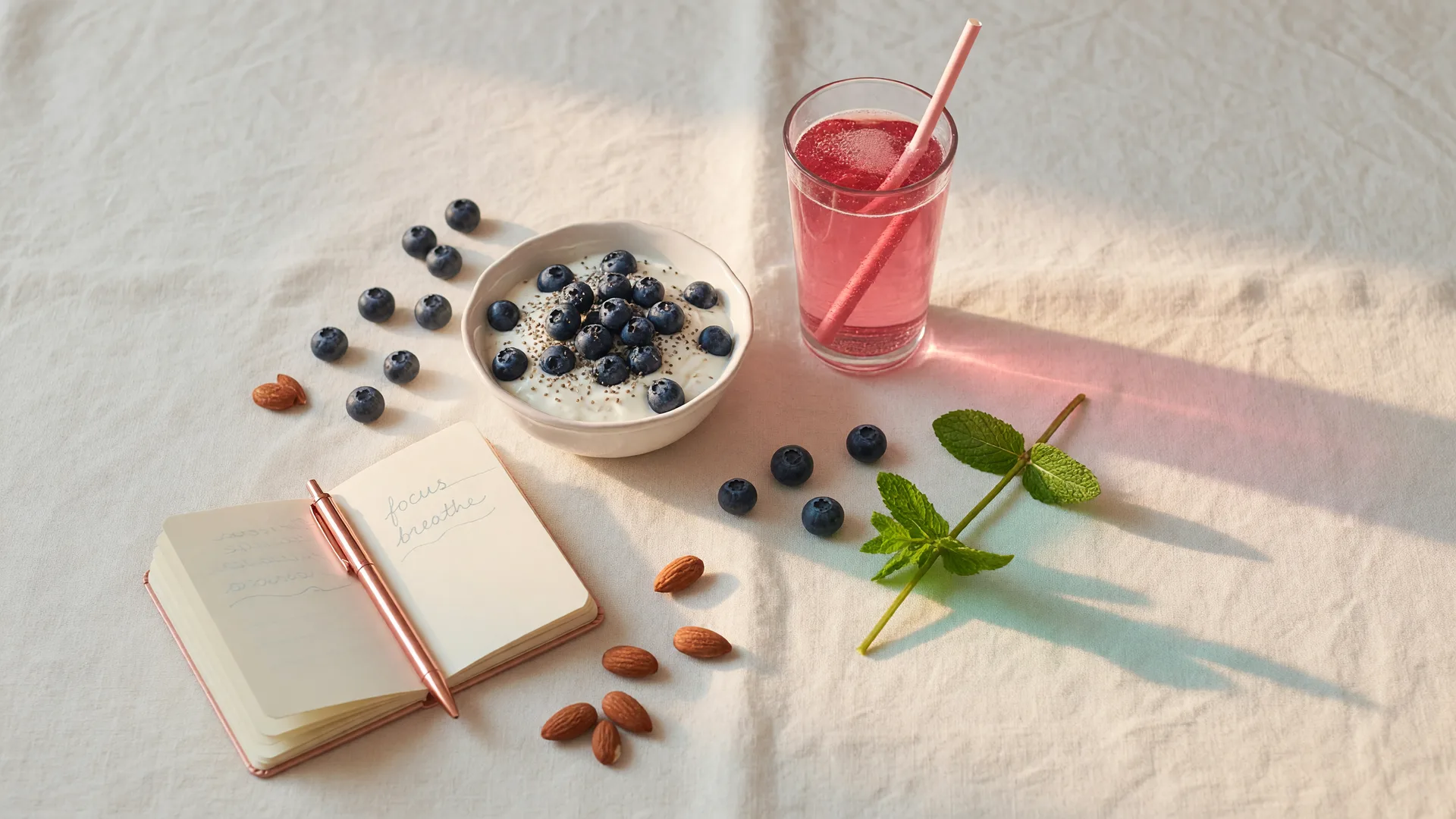 A soft flat-lay of a rose-pink sparkling drink, a blueberry chia yogurt bowl, and a journal on cream linen for Emily's focus and clarity guide