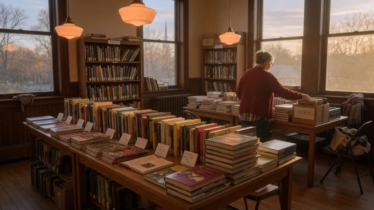 A community library winter book sale with long tables stacked with books under warm overhead light and tall windows glowing with autumn light