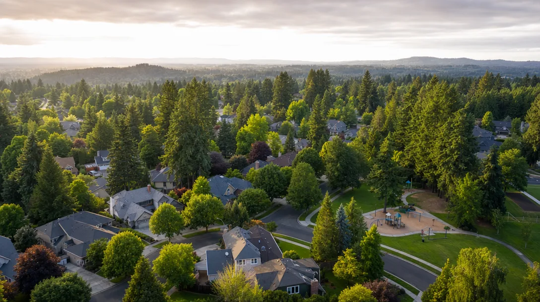 Aerial view of the Murrayhill neighborhood in Beaverton with tree-lined streets, mature Douglas firs, and family-friendly suburban homes