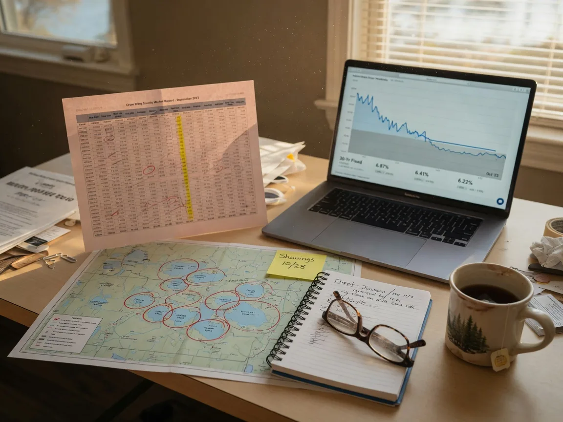 A real estate agent's desk in central Minnesota in late October with a printed county market report, a laptop showing a flattened mortgage-rate chart, a map of the Brainerd Lakes Area, a notebook, and a coffee mug in warm window light