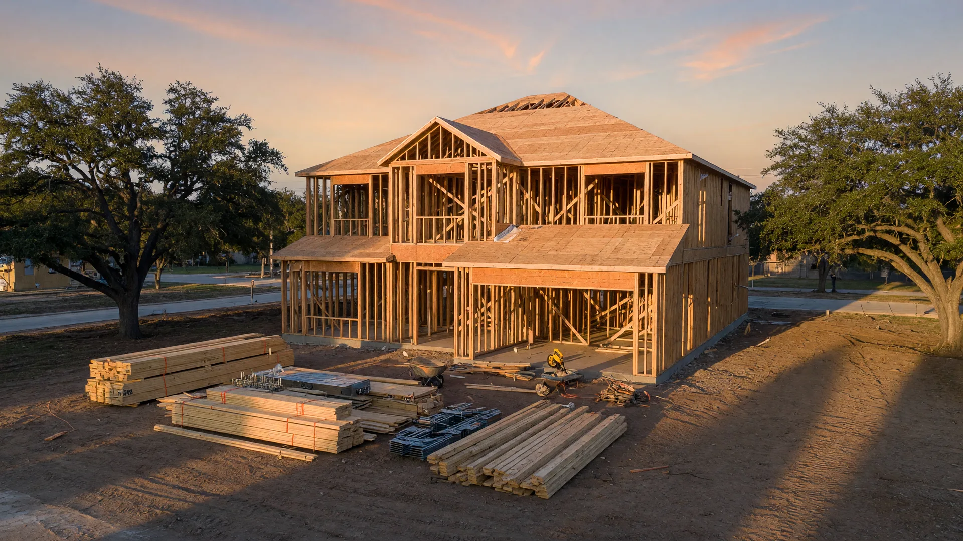 New construction home at framing stage in a San Antonio suburb in golden afternoon light