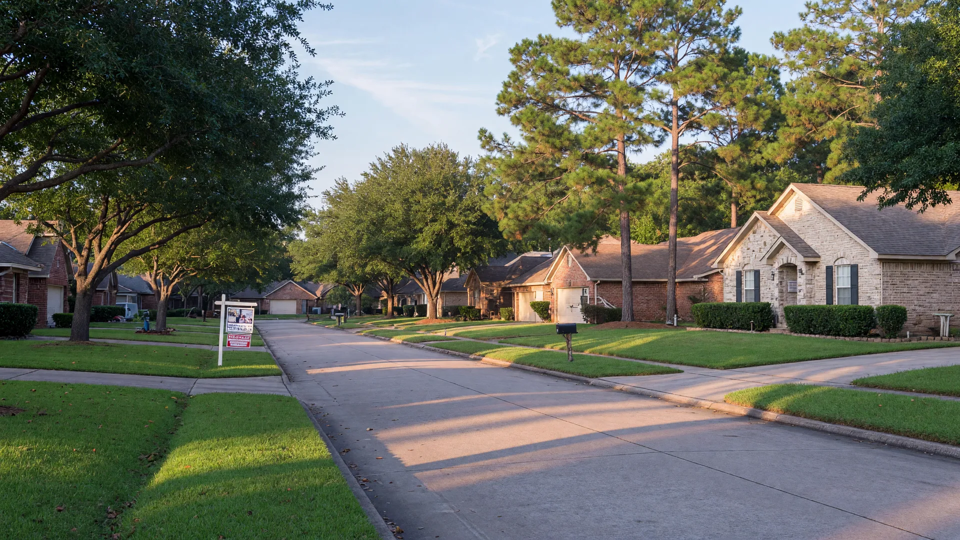 A quiet tree-lined suburban street in the Northeast Houston area with brick homes and a real estate For Sale sign on a clear late-September morning