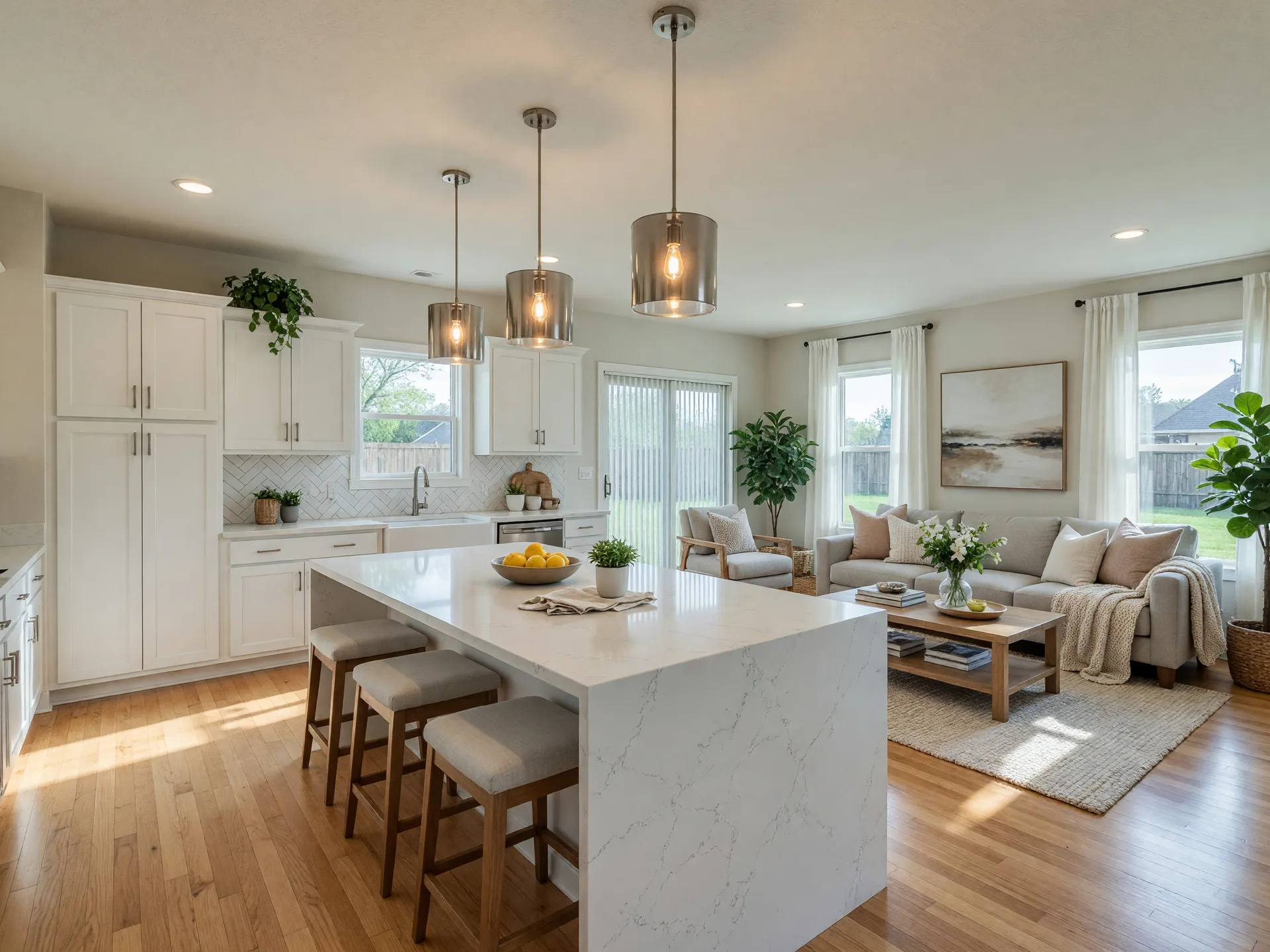Bright open-concept kitchen and family room inside a Tulsa-area suburban home with white cabinets and a quartz island
