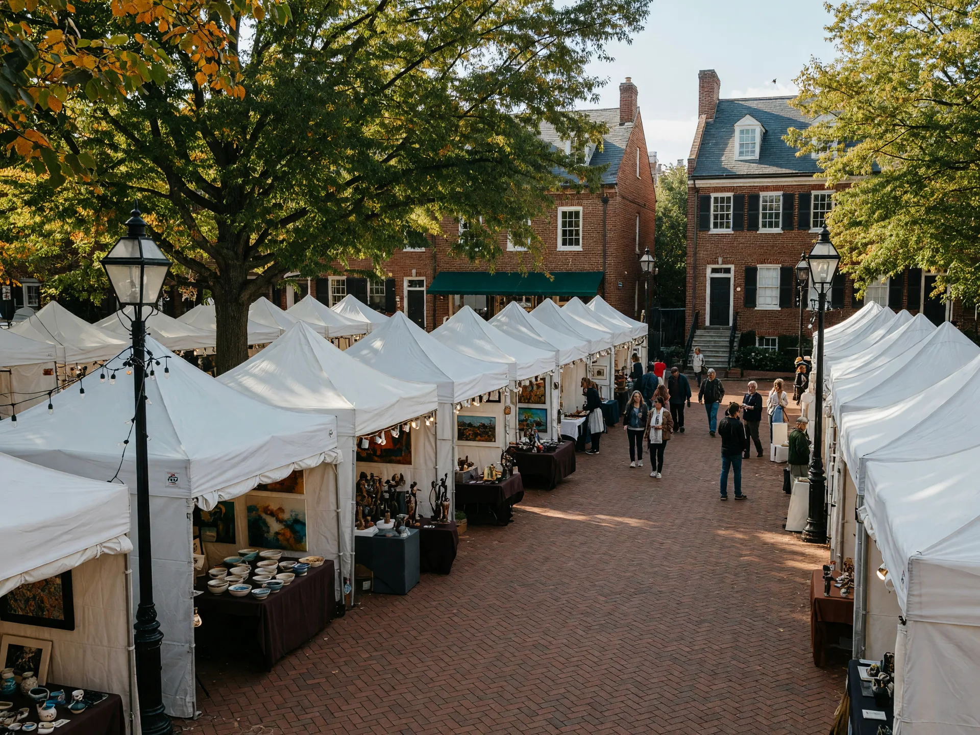 Juried fine-art festival at John Carlyle Square Park in Alexandria, Virginia with white canopy tents displaying paintings and ceramics, framed by brick Federal-era rowhouses and early autumn trees in soft morning light