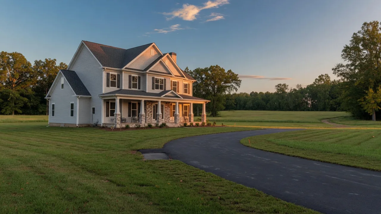 A newly completed craftsman-style home on a wide grassy homesite in Stafford County, Virginia, with a long driveway and mature trees in the distance