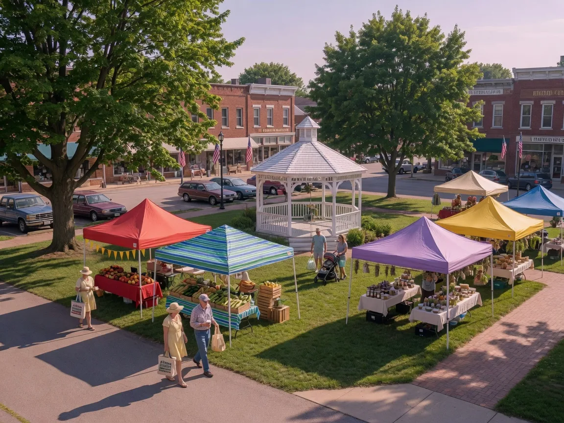 Historic small-town Ohio public square with a white gazebo and farmers market vendor tents on a summer morning