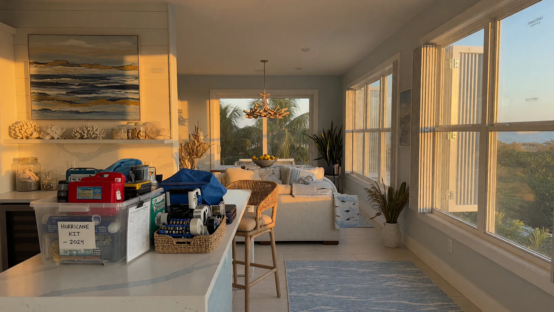 A modern Florida home interior with impact-resistant windows and storm shutters, golden light streaming in, and a hurricane supply kit on the counter