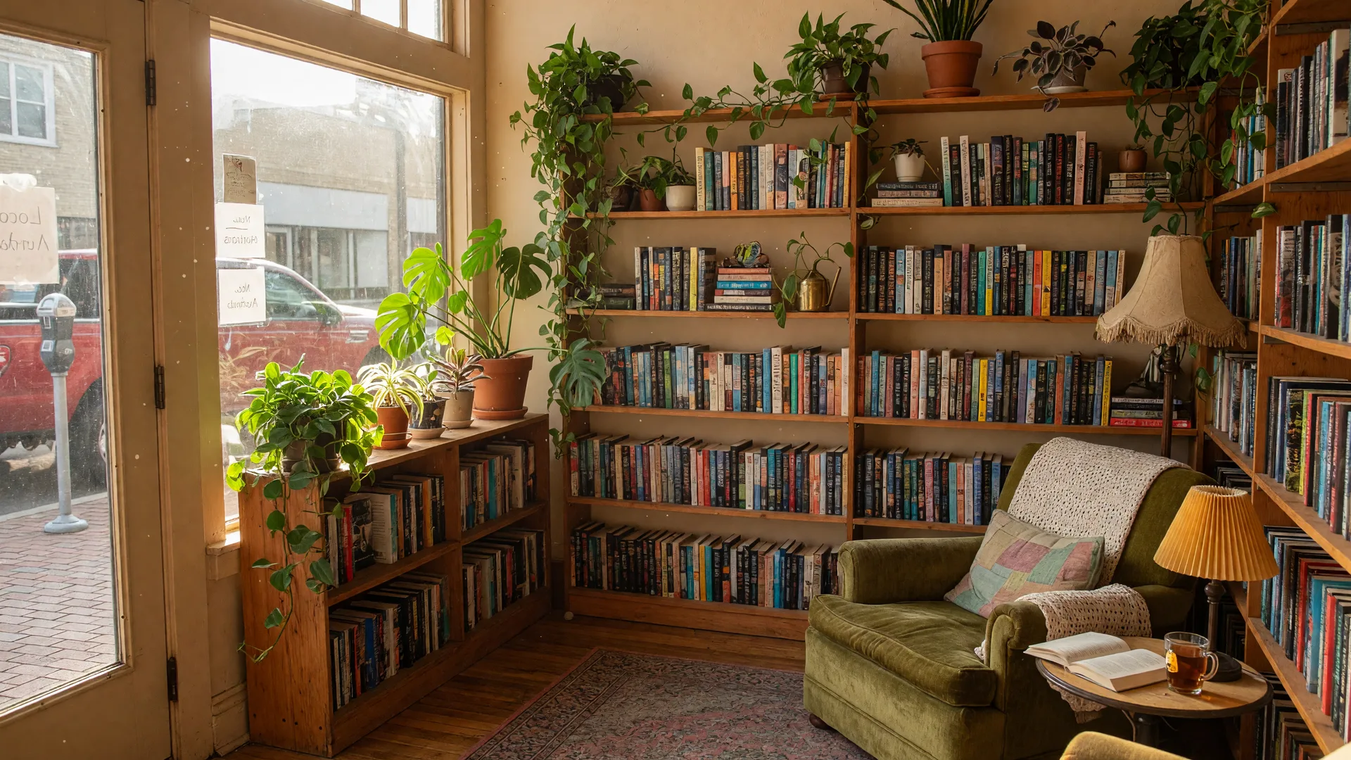 Cozy independent bookstore corner with wooden shelves of books, houseplants, and a reading chair in warm afternoon light