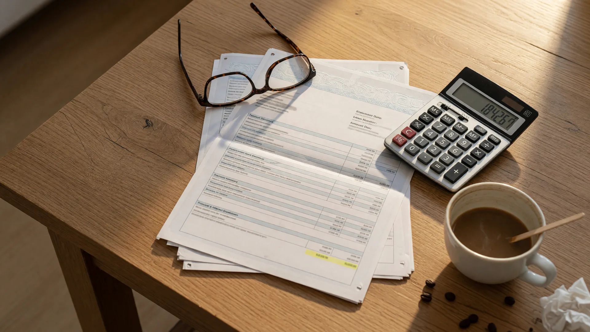 Mortgage statement document, calculator, reading glasses, and coffee on a kitchen table in warm morning sunlight