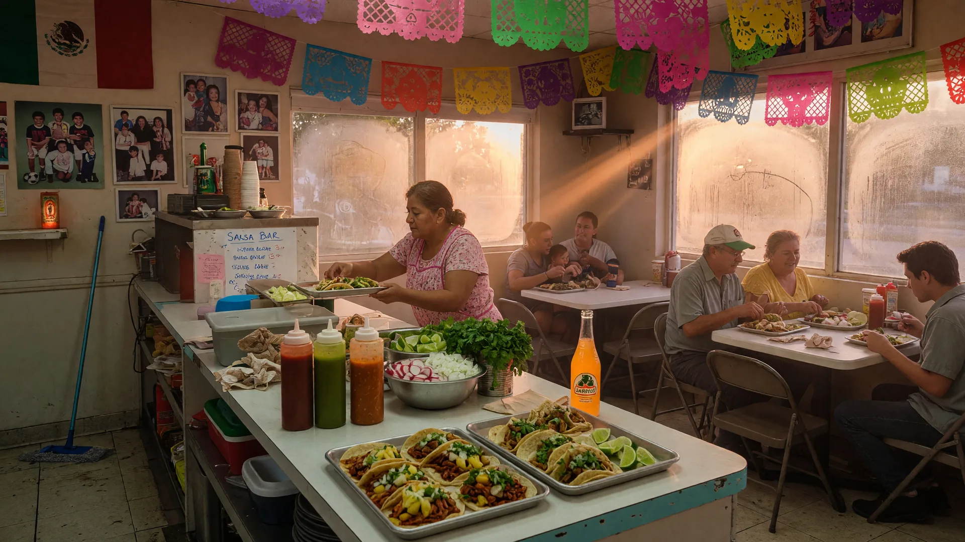 Warm and inviting interior of a family-run Mexican taqueria in East Naples, Florida with street tacos on metal trays, a salsa bar, and colorful papel picado banners in the evening light