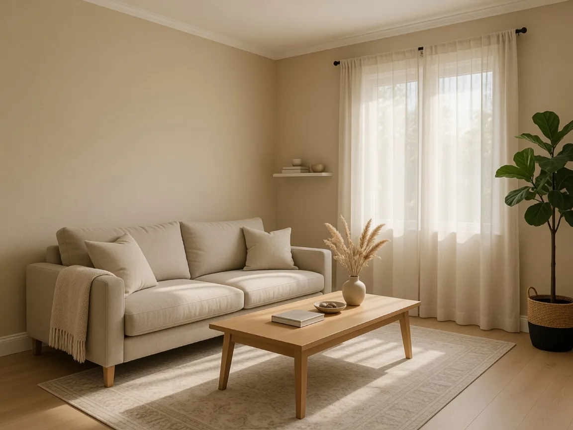 A bright, professionally staged living room with neutral sofa, light wood table, and soft afternoon light