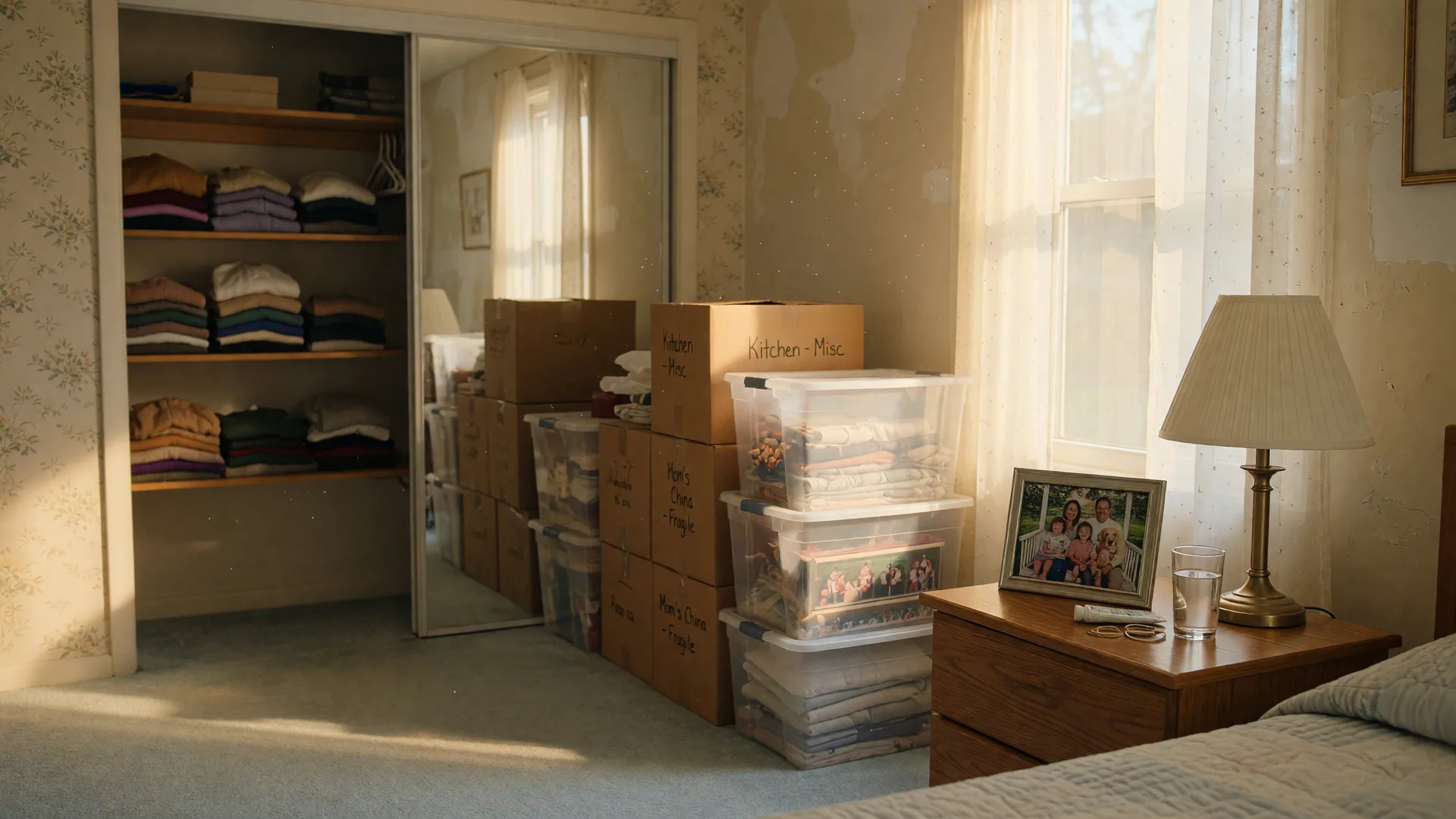 A warm editorial photograph of a sunlit bedroom in a Northwest Indiana family home mid-downsize with labeled boxes, clear storage bins, and folded sweaters in an open closet