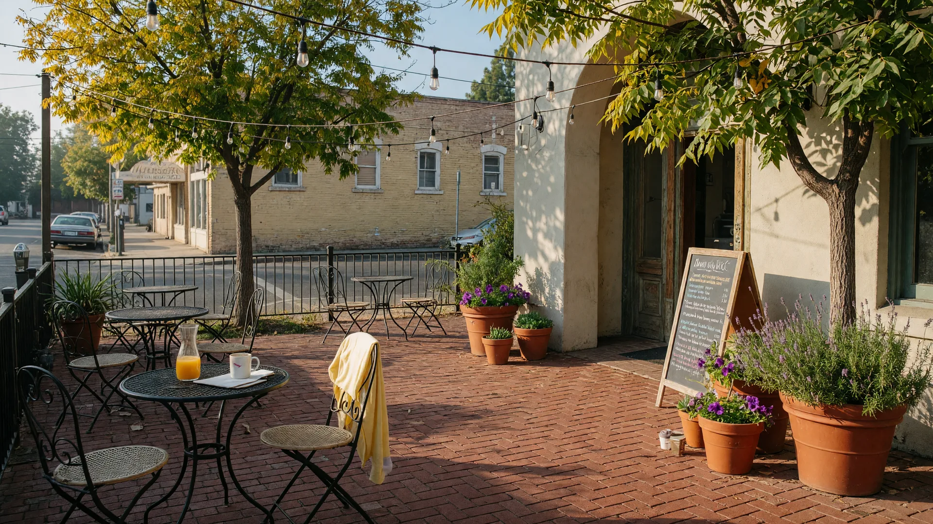 Courtyard patio dining at Toni's Courtyard Cafe in Merced, California, with wrought-iron tables, string lights, potted plants,and golden morning light across the brick patio