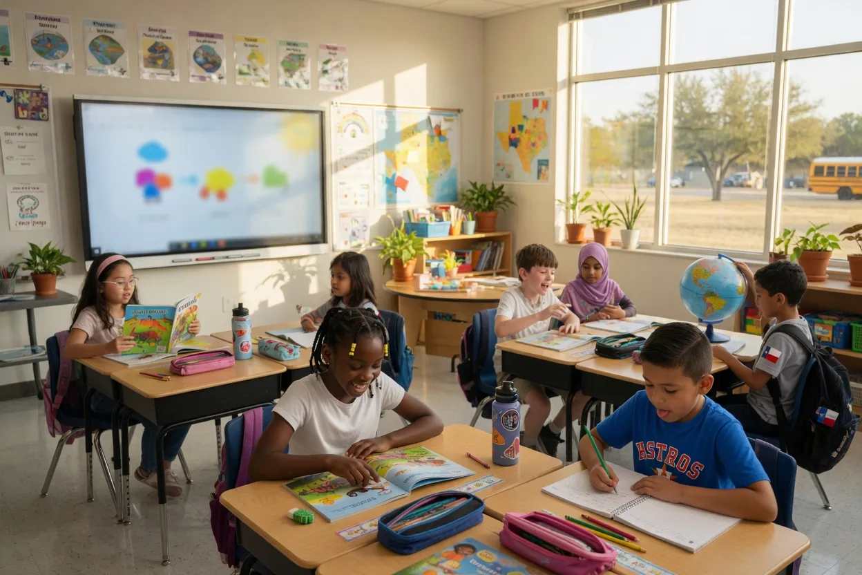 Diverse elementary school children in a bright Texas classroom engaged in learning