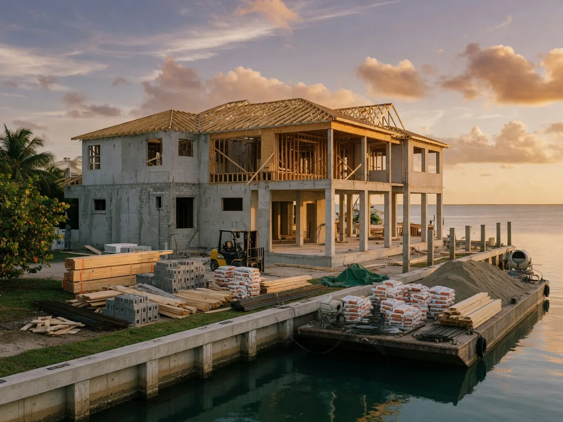 A luxury Florida Keys waterfront home under construction raised on tall concrete pilings above a calm deep-water canal, with a finished seawall and hurricane-resistant building materials on the lot