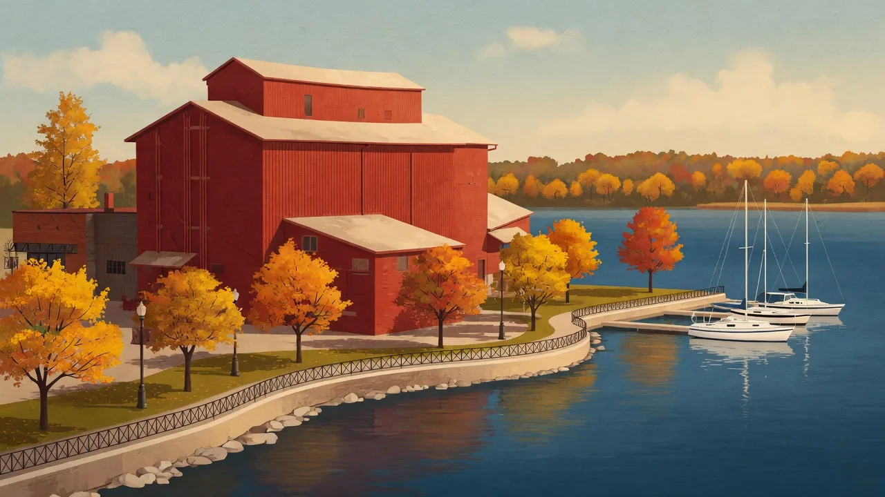 Illustrative rendering of the Port Perry waterfront with the historic red mill beside Lake Scugog in autumn