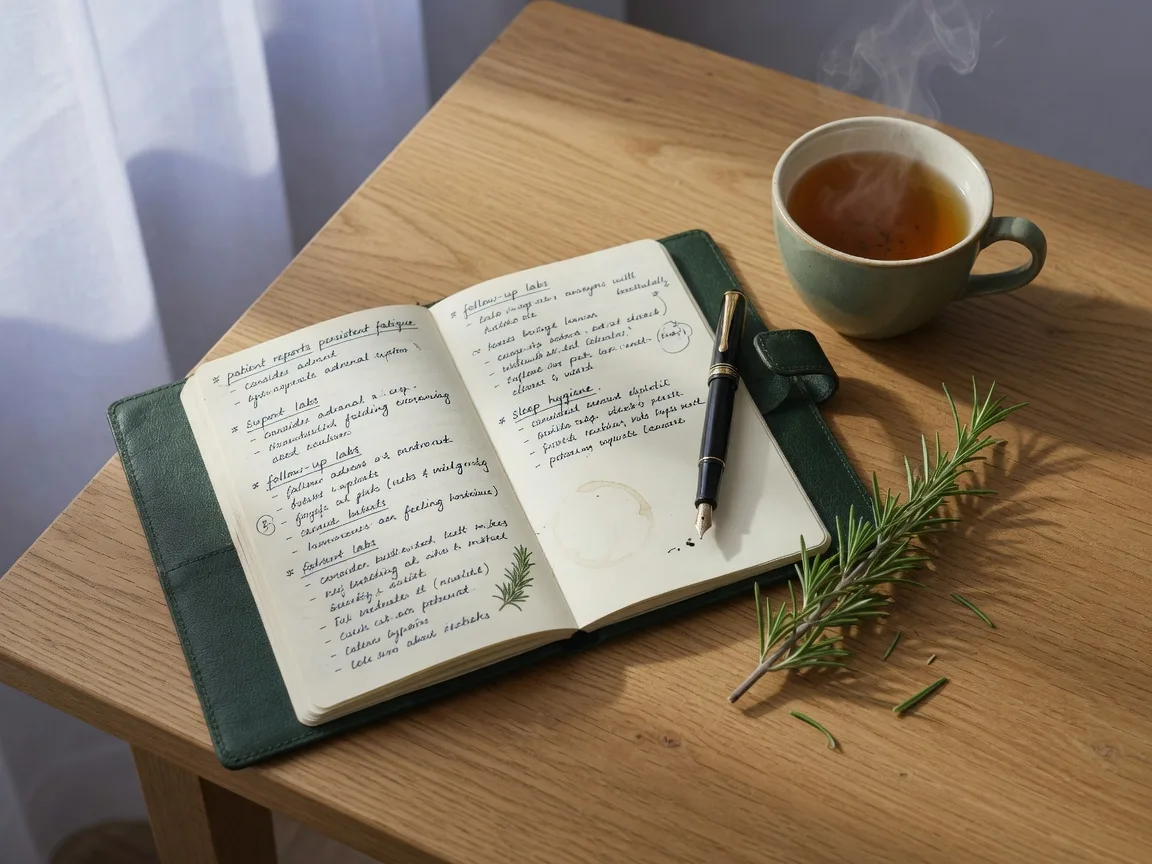 A clinician's desk with handwritten notes, a fountain pen and a sprig of rosemary