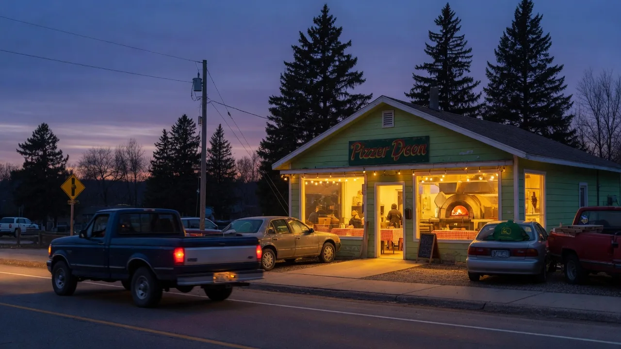Cozy small-town Minnesota pizzeria glowing at blue hour with cars parked along the highway in front