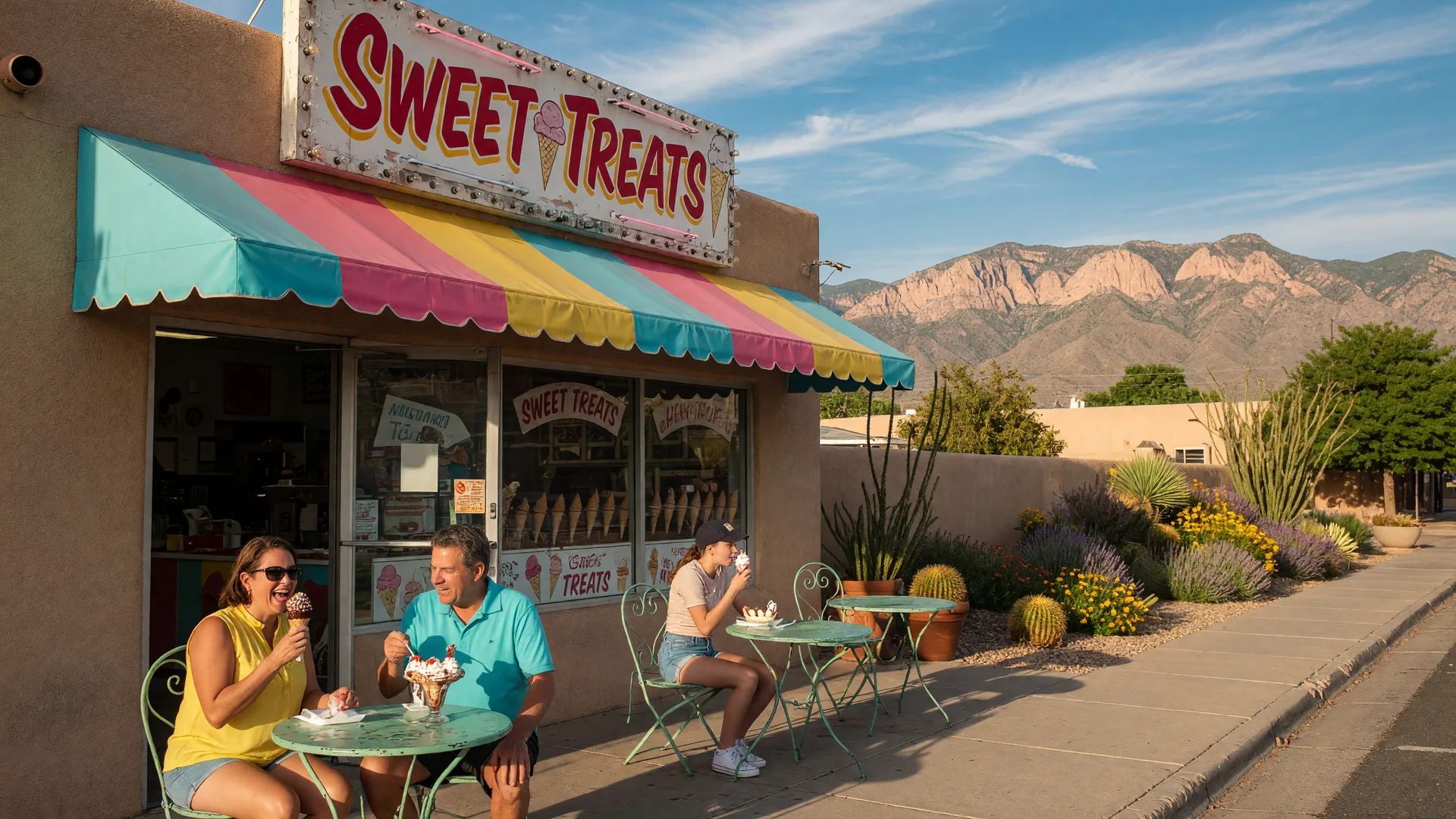 Colorful retro ice cream shop storefront in Albuquerque with outdoor bistro tables, a striped awning, and the Sandia Mountains in the background