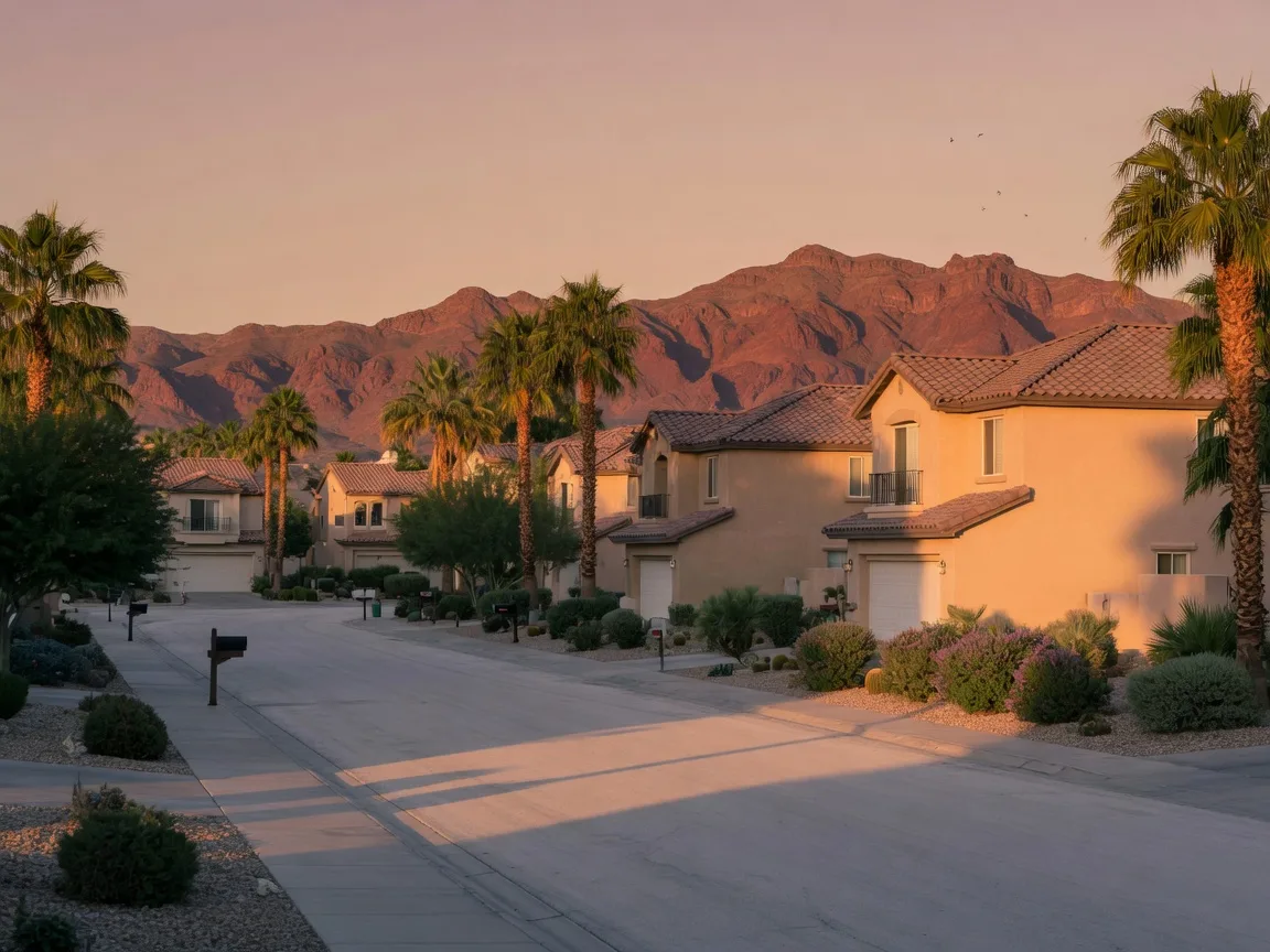 Las Vegas two-story homes in warm golden-hour October light with palms and desert mountains