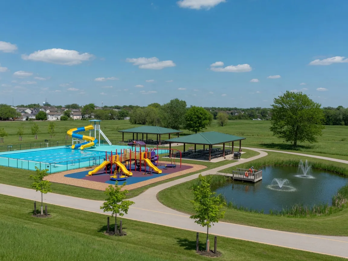 Community park near Tea, South Dakota with a swimming pool, waterslide, playground, picnic shelters, and fishing pond