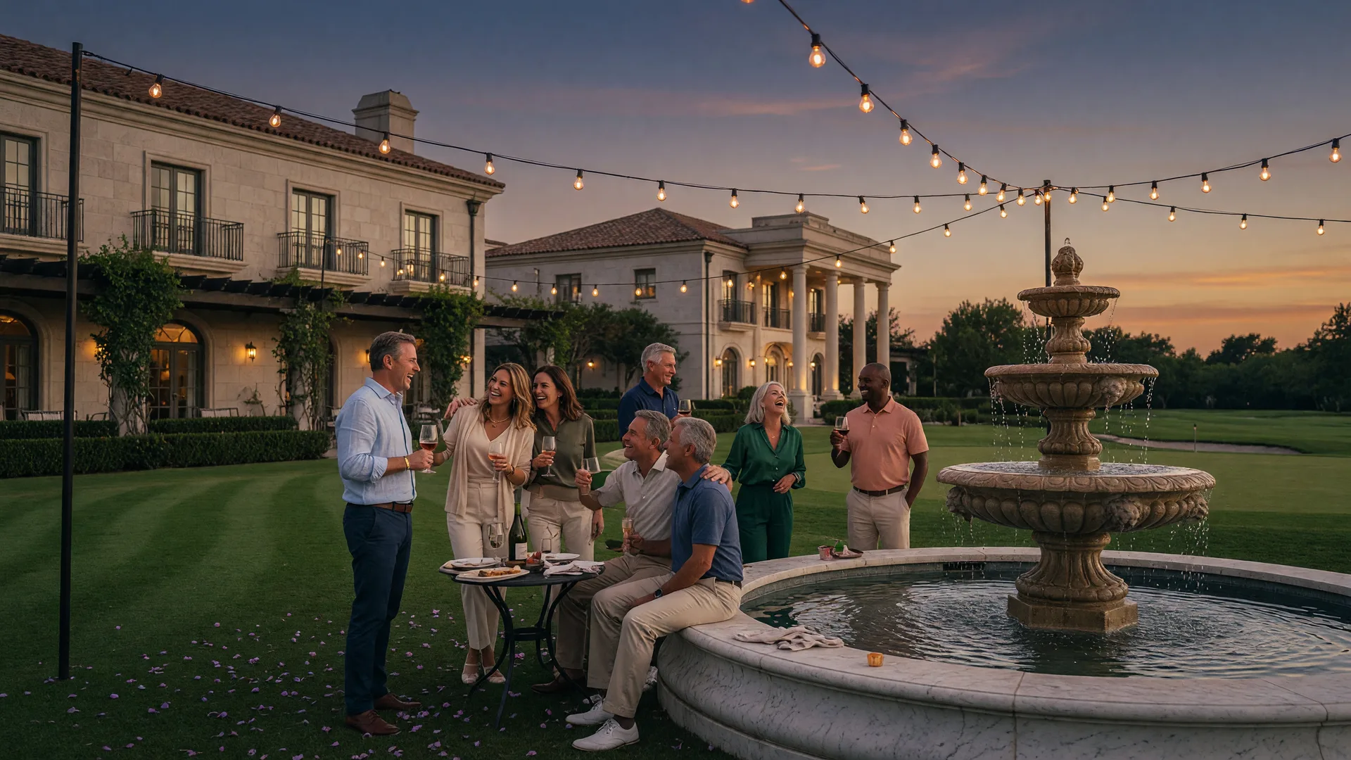 Residents gathering at dusk in Chateau Elan with string lights, fountain, and European-style architecture in Braselton Georgia
