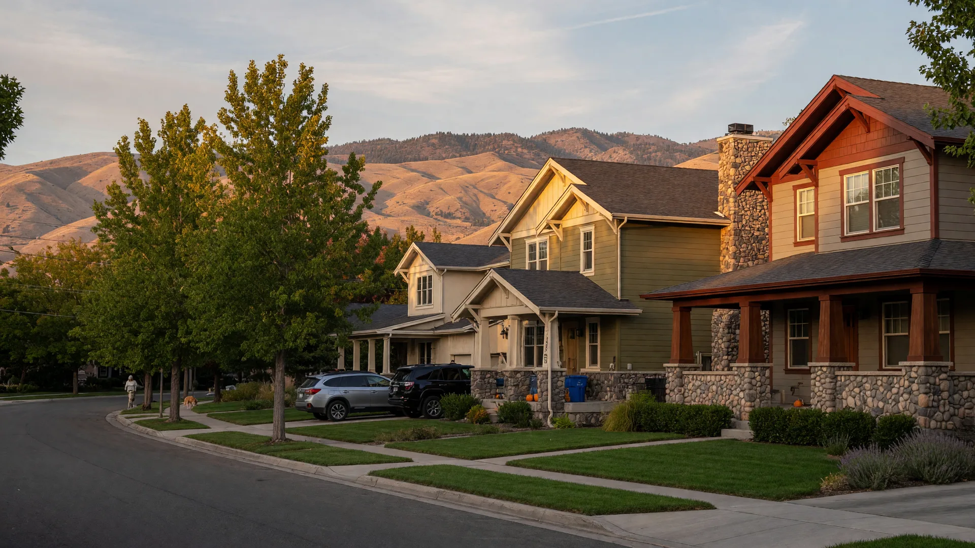 An upscale residential neighborhood street in the Boise Treasure Valley at golden hour