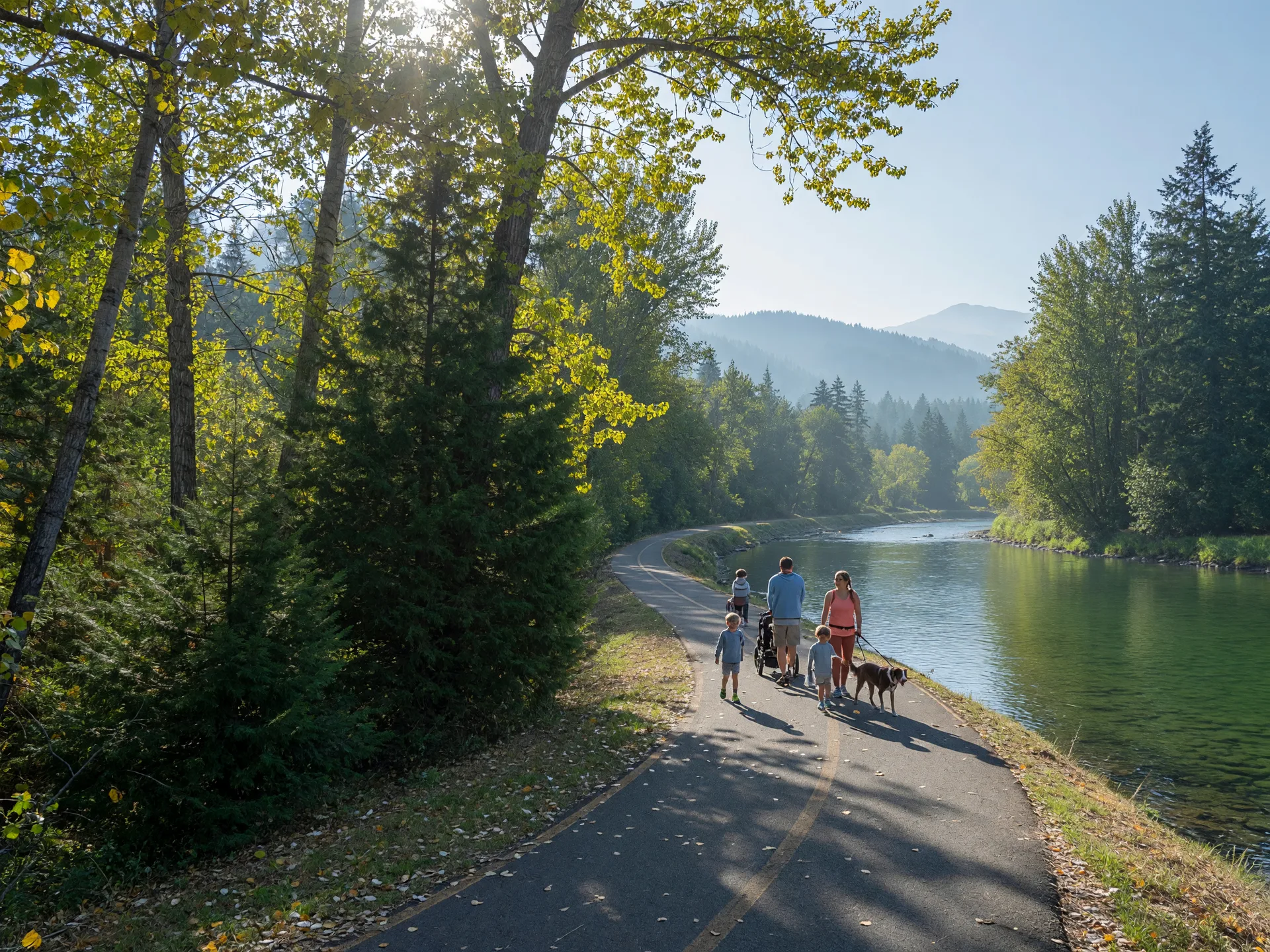 A paved riverside trail winding along the Sandy River in Troutdale with a family walking a dog and the Cascade foothills behind