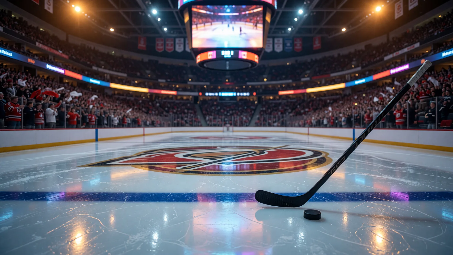 Ice hockey rink inside an arena glowing on game night with a hockey stick and puck on the ice