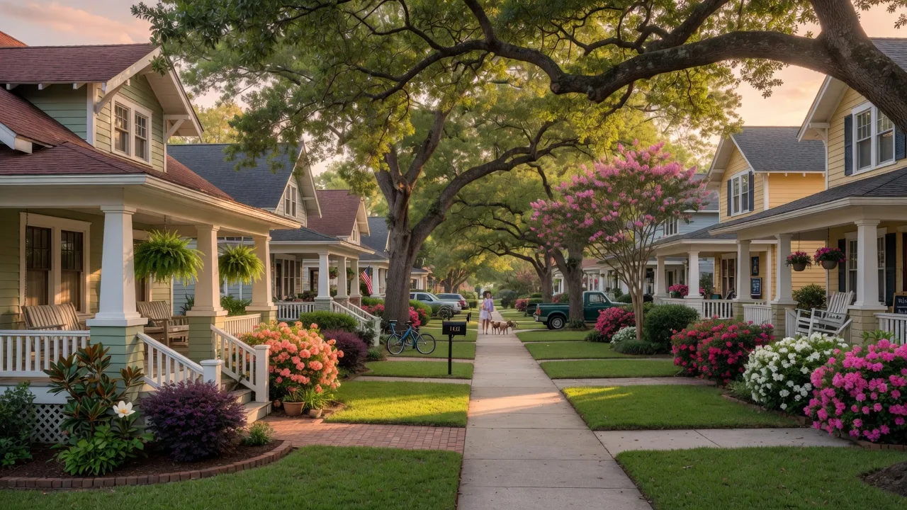 Tree-lined CSRA neighborhood street with well-maintained homes, showcasing investment opportunities in the region
