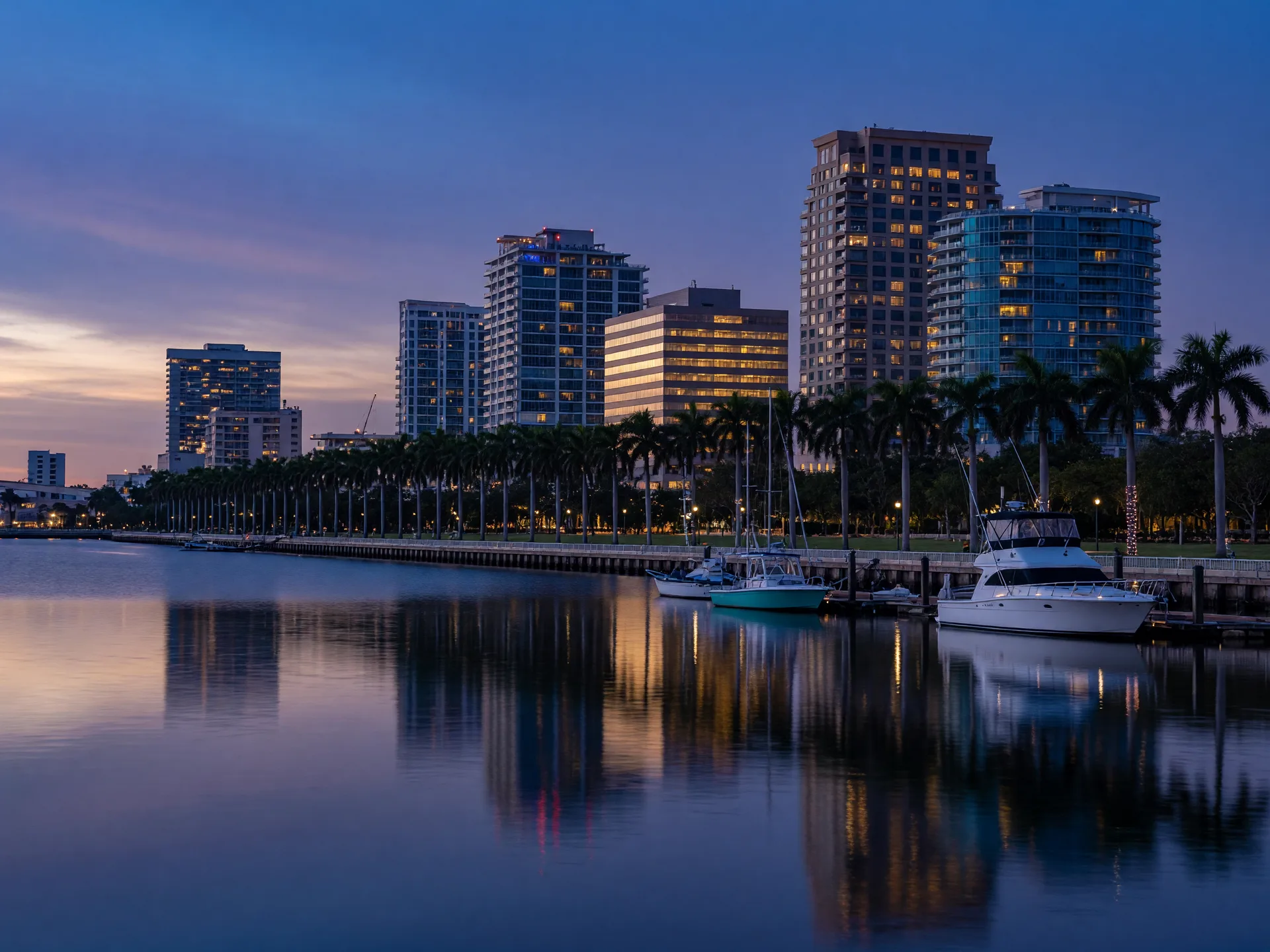 The West Palm Beach downtown skyline across the water at dusk, with royal palms along the waterfront