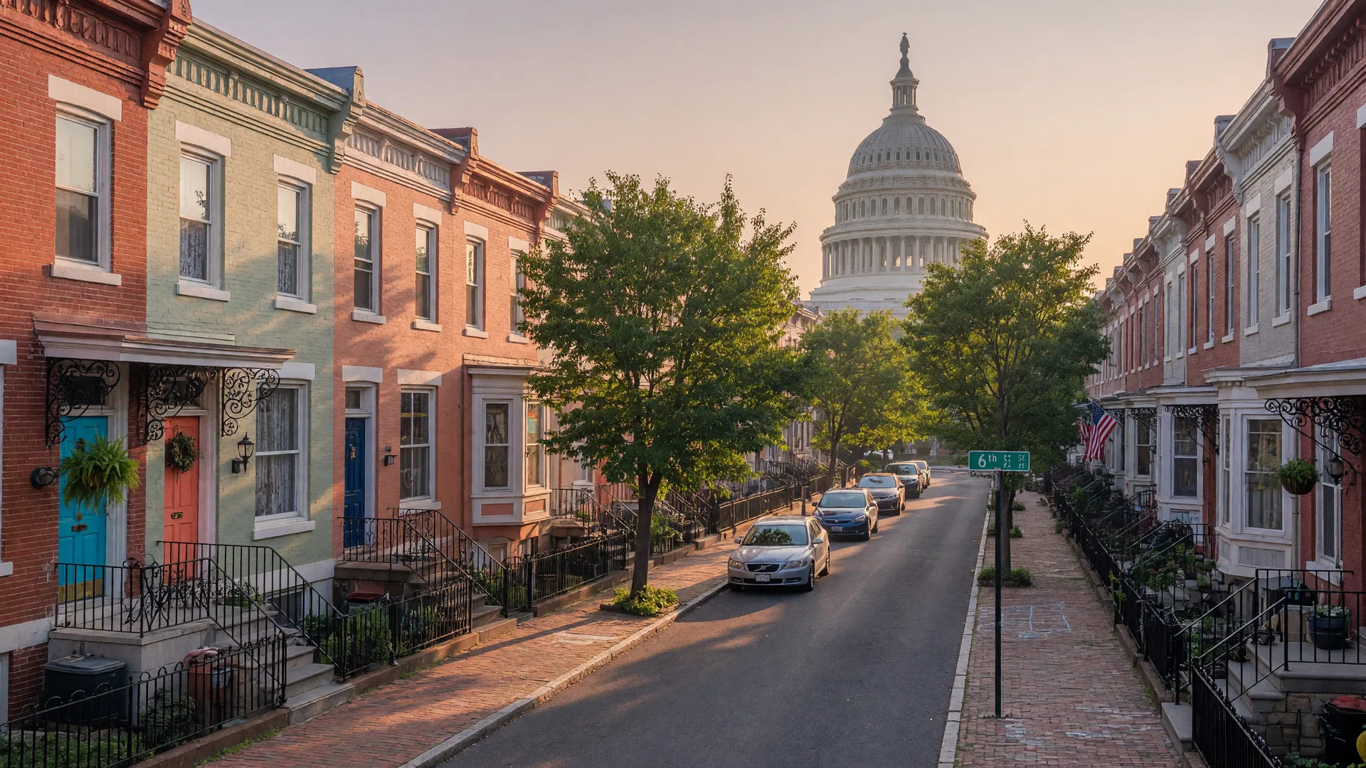Rowhomes with Capitol dome on Capitol Hill, Washington, DC