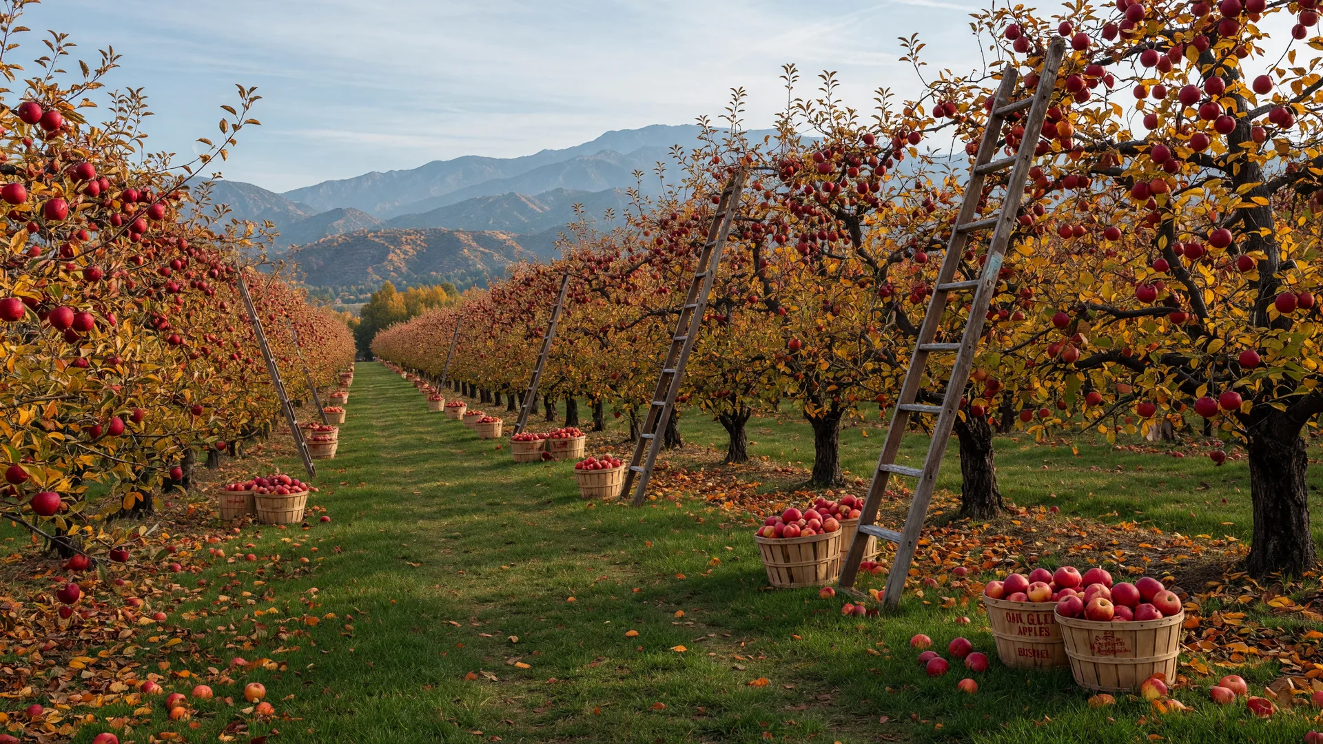Autumn apple orchard at the foothills of the San Bernardino Mountains with ladders, bushel baskets, and red apples