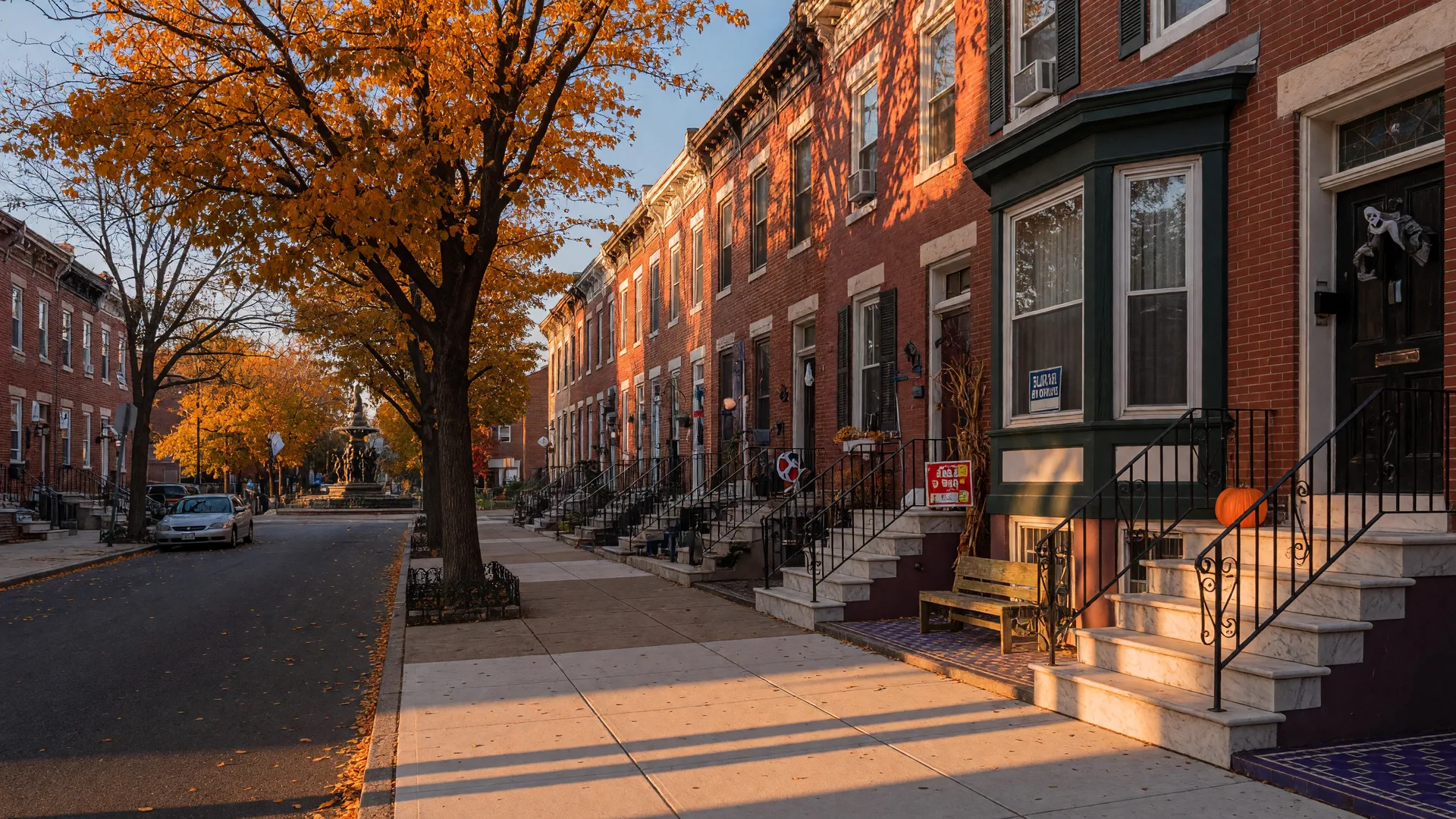 East Passyunk Avenue rowhomes with autumn leaves and golden hour light