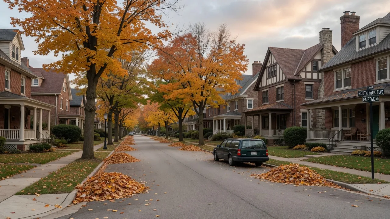 A tree-lined Shaker Heights, Ohio street on a crisp late-October morning, early-20th-century brick and frame colonial and Tudor revival homes with deep front porches and stone details beneath sugar maples turning orange and gold