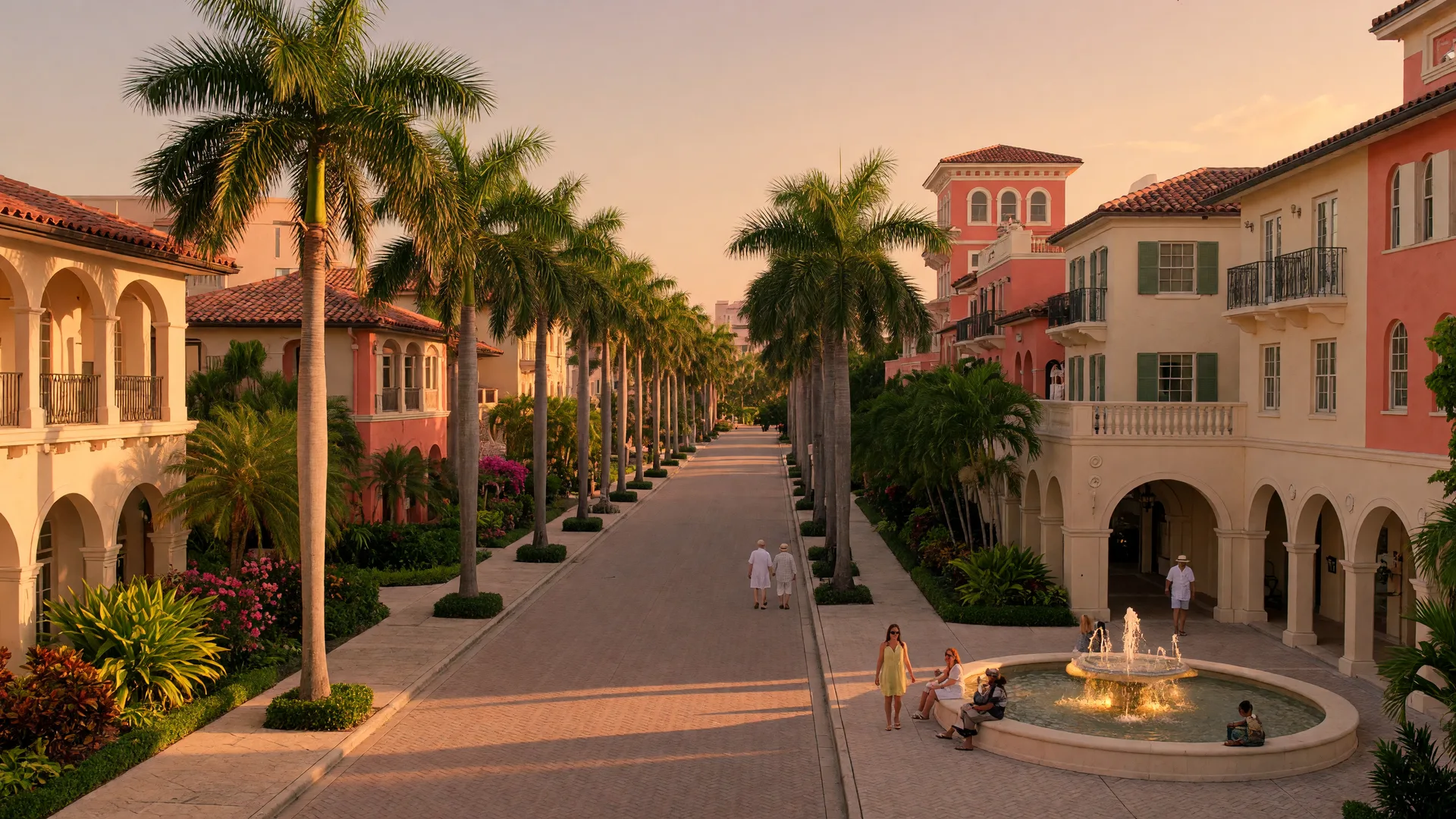 Downtown Boca Raton at golden hour: a palm-lined boulevard with Mediterranean Revival architecture, arched walkways, and a plaza fountain