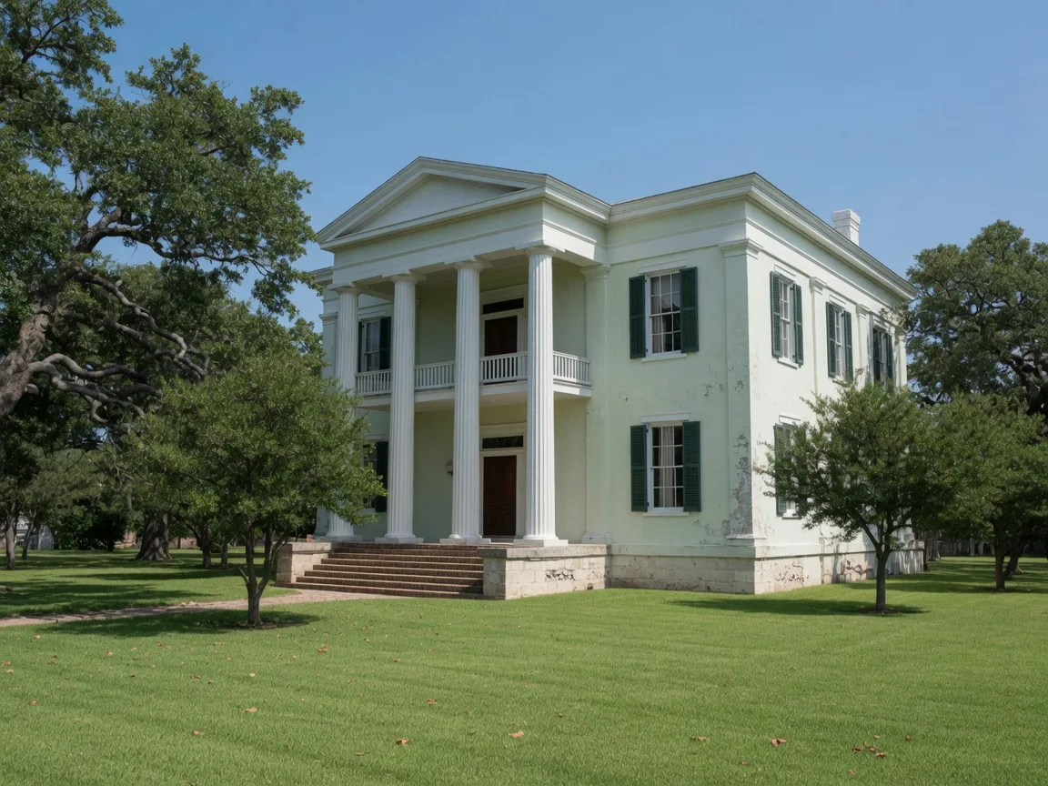 Sebastopol House in Seguin, Texas — a two-story Greek Revival mansion built from limecrete in 1856, with white columns and a portico under mature oak trees