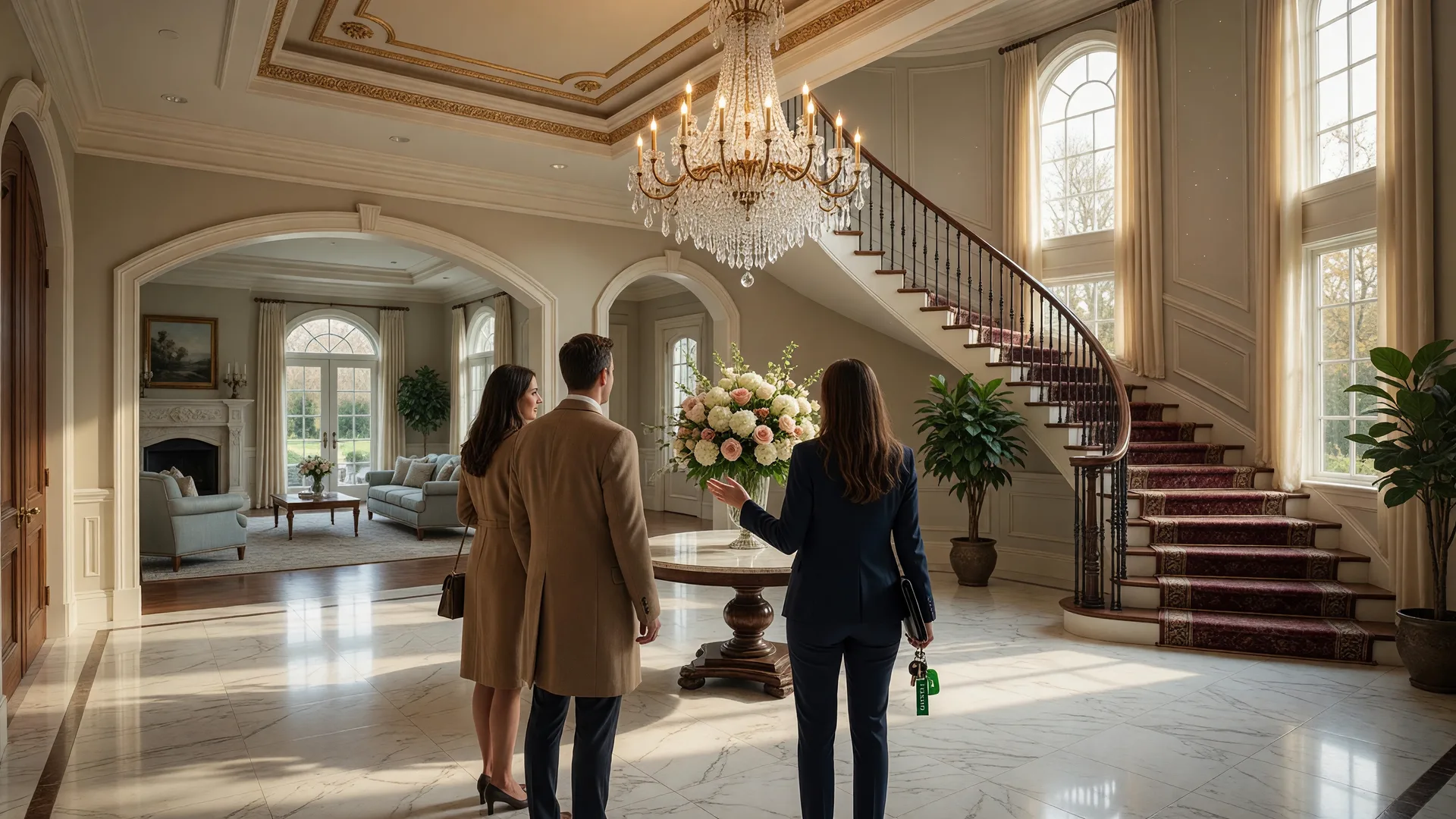 Couple being guided through a luxury home foyer with grand chandelier and sweeping staircase by a real estate agent