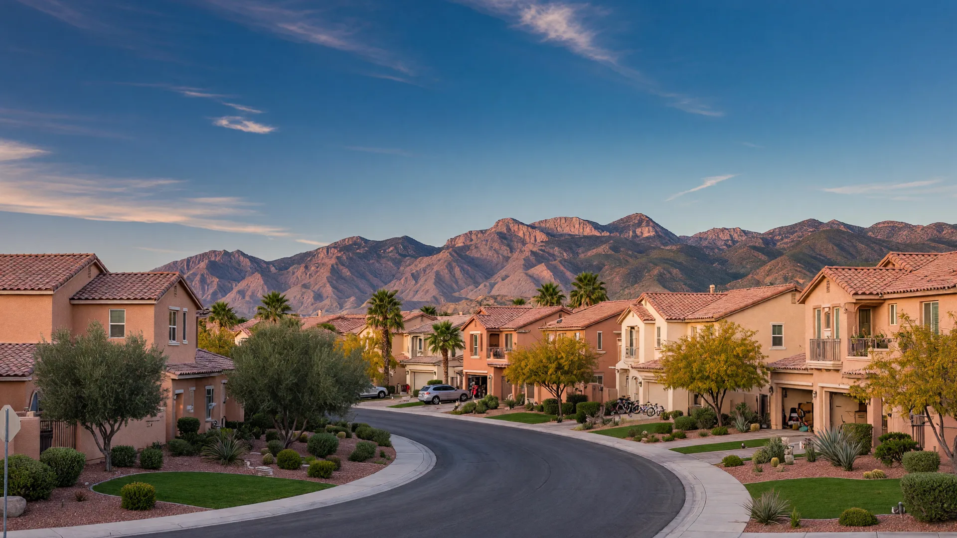 Illustrative image of a quiet residential street in the Paseos village of Summerlin, Las Vegas, not a specific listing