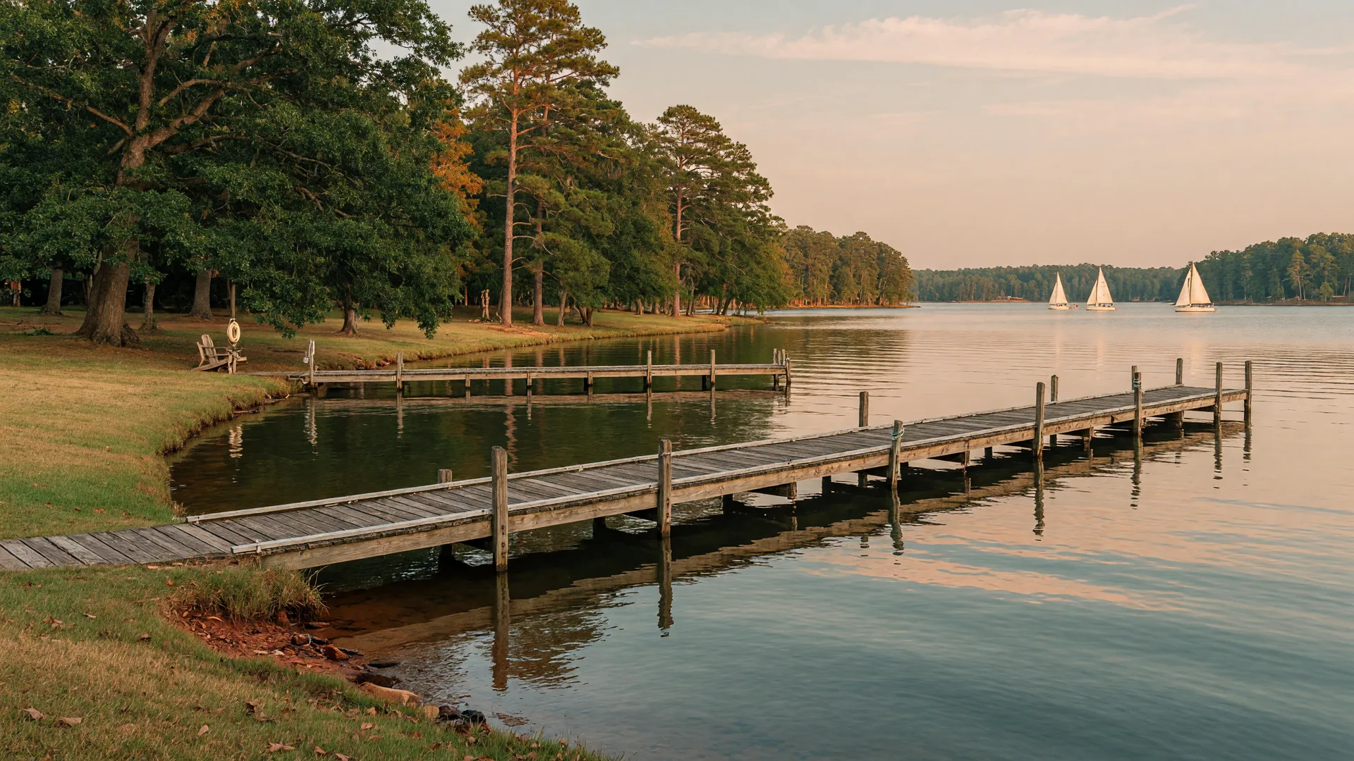 A calm Lake Norman shoreline with a wooden dock extending over glassy water at golden hour, lined with oak and pine trees