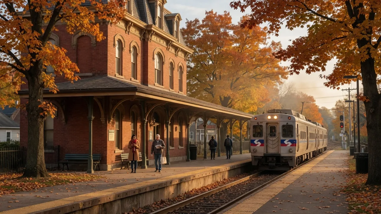 Lansdale's SEPTA train station with a regional rail train arriving in autumn