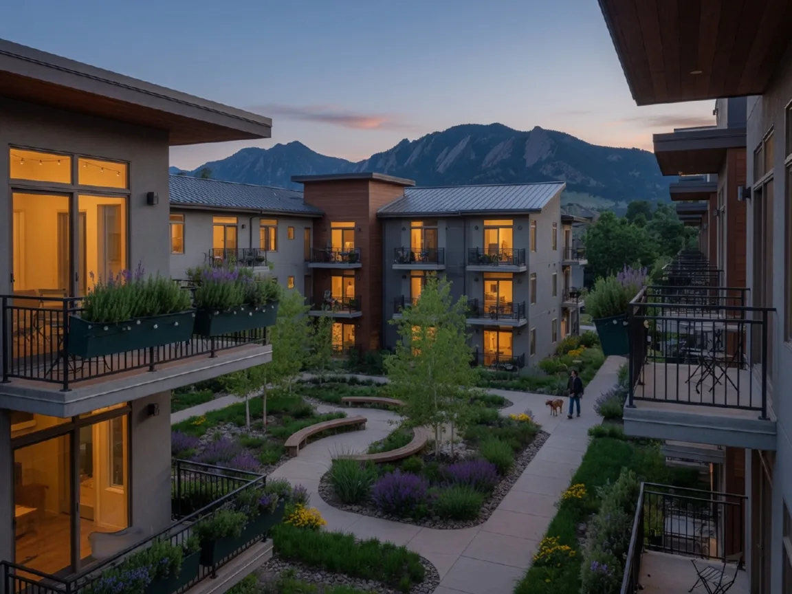 Modern apartment and townhome community in Boulder with warm lights glowing from balconies while the Flatirons appear faintly on the horizon